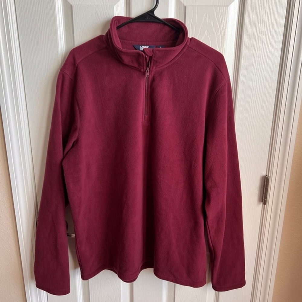 Lands' End Mens L Fleece Quarter Zip‎ Pullover Burgundy Sweatshirt Long Sleeve